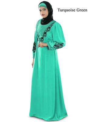 MyBatua Turqoise Polyester Arabian Style Islamic Wear For Women Muslim Abaya With Hijab 1