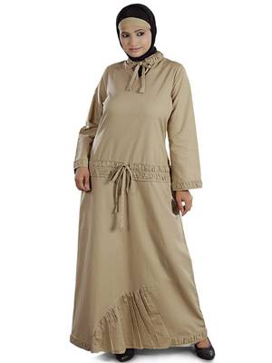 MyBatua Beige Cotton Arabian Style Islamic Wear For Women Muslim Abaya With Hijab 1