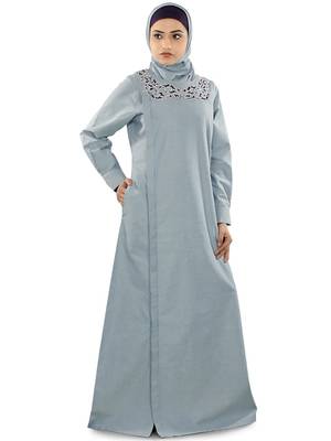 MyBatua Blue Chambray Arabian Style Islamic Wear For Women Muslim Abaya With Hijab 1