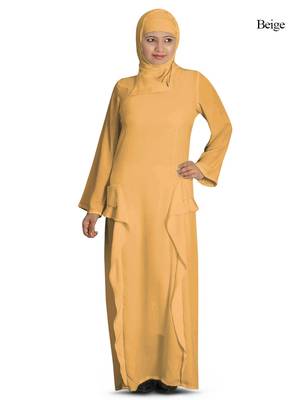 MyBatua Beige Polyester Arabian Style Islamic Wear For Women Muslim Abaya With Hijab 1