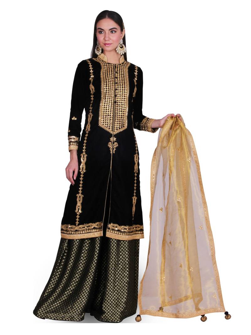 Black Velvet Hand embroidery stitched salwar kameez with dupatta