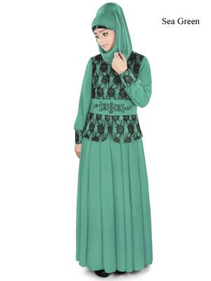 MyBatua Green Polyester Arabian Style Islamic Wear For Women Muslim Abaya With Hijab 1