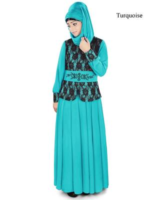 MyBatua Turqoise Polyester Arabian Style Islamic Wear For Women Muslim Abaya With Hijab 1