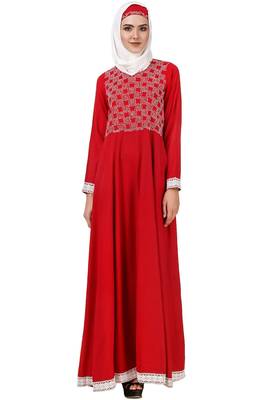 MyBatua Red Viscose Arabian Style Islamic Wear For Women Muslim Abaya With Hijab 1