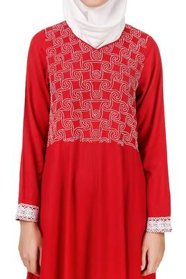 MyBatua Red Viscose Arabian Style Islamic Wear For Women Muslim Abaya With Hijab 3