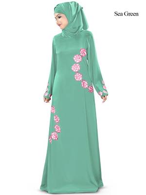 MyBatua Green Polyester Arabian Style Islamic Wear For Women Muslim Abaya With Hijab 1