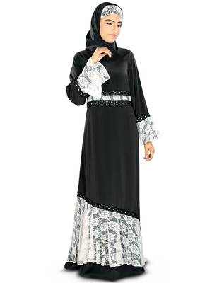 MyBatua Black Poly Crepe Arabian Style Islamic Wear For Women Muslim Abaya With Hijab 1