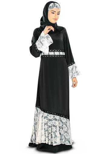MyBatua Black Poly Crepe Arabian Style Islamic Wear For Women Muslim Abaya With Hijab