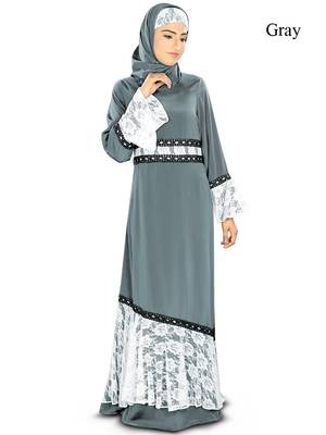 MyBatua Grey Poly Crepe Arabian Style Islamic Wear For Women Muslim Abaya With Hijab 1