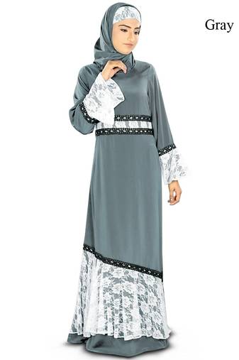 MyBatua Grey Poly Crepe Arabian Style Islamic Wear For Women Muslim Abaya With Hijab