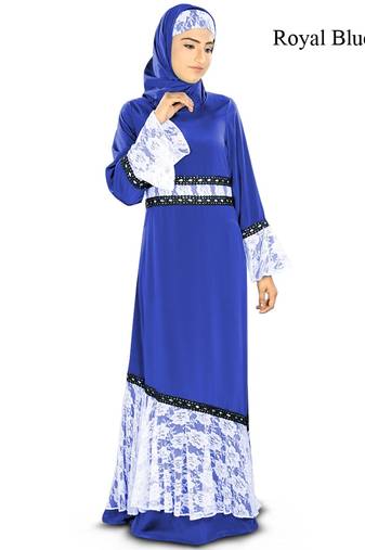 MyBatua Blue Poly Crepe Arabian Style Islamic Wear For Women Muslim Abaya With Hijab