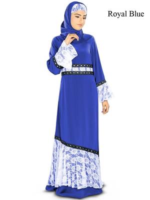 MyBatua Blue Poly Crepe Arabian Style Islamic Wear For Women Muslim Abaya With Hijab 1