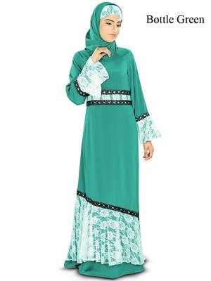 MyBatua Teal Poly Crepe Arabian Style Islamic Wear For Women Muslim Abaya With Hijab 1