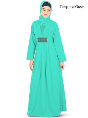 MyBatua Green Poly Crepe Arabian Style Islamic Wear For Women Muslim Abaya With Hijab 1