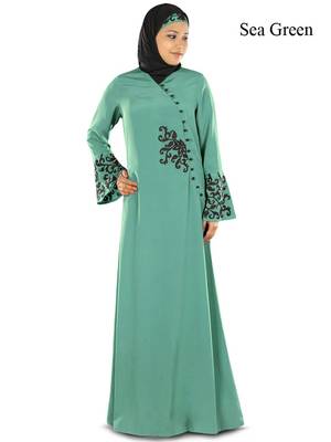 MyBatua Green Poly Crepe Islamic Wear For Women Arabian Style Muslim Abaya With Hijab 1