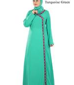 MyBatua Turqoise Poly Crepe Islamic Wear For Women Arabian Style Muslim Abaya With Hijab