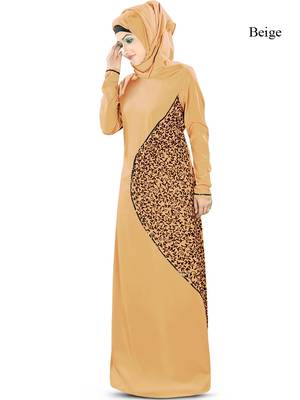 MyBatua Beige Poly Crepe Islamic Wear For Women Arabian Style Muslim Abaya With Hijab 1