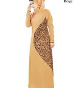 MyBatua Beige Poly Crepe Islamic Wear For Women Arabian Style Muslim Abaya With Hijab