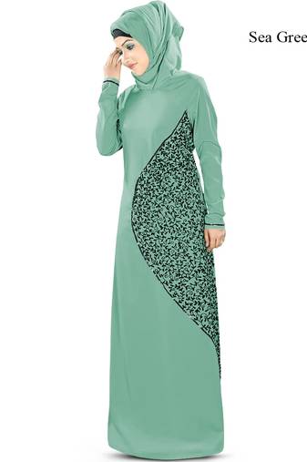 MyBatua Green Poly Crepe Islamic Wear For Women Arabian Style Muslim Abaya With Hijab