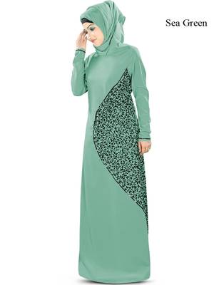 MyBatua Green Poly Crepe Islamic Wear For Women Arabian Style Muslim Abaya With Hijab 1