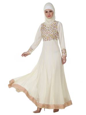 MyBatua Off White Polyester Islamic Wear For Women Arabian Style Muslim Abaya With Hijab 1