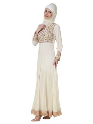 MyBatua Off White Polyester Islamic Wear For Women Arabian Style Muslim Abaya With Hijab 2