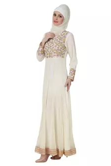 MyBatua Off White Polyester Islamic Wear For Women Arabian Style Muslim Abaya With Hijab