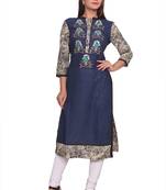 Navy cotton women's cotton embroideried 3/4 sleeve navy kurti