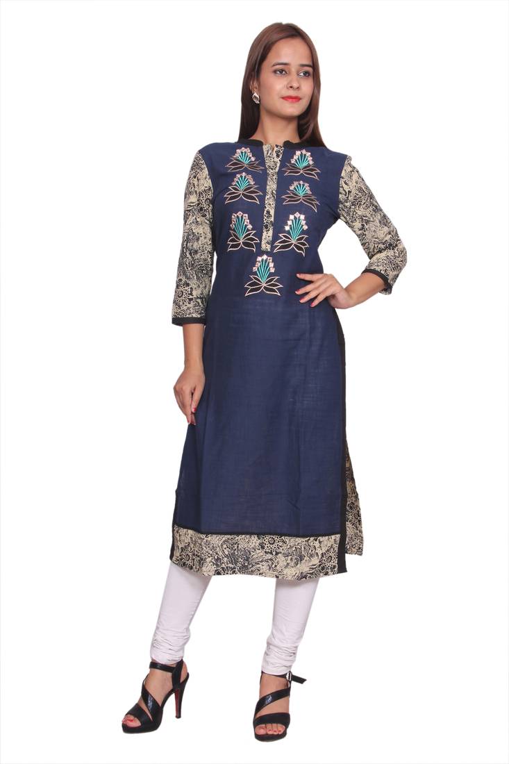 Navy cotton women's cotton embroideried 3/4 sleeve navy kurti