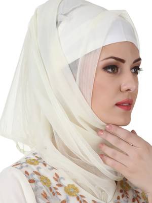 MyBatua Off White Polyester Islamic Wear For Women Arabian Style Muslim Abaya With Hijab 5