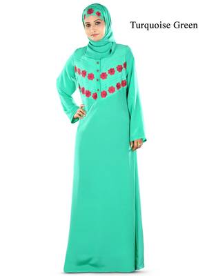 MyBatua Turqoise Green Crepe Islamic Wear For Women Arabian Style Muslim Abaya With Hijab 1