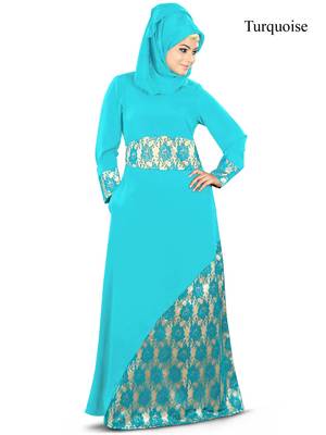 MyBatua Turqoise Crepe Islamic Wear For Women Arabian Style Muslim Abaya With Hijab 1