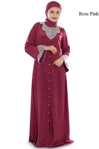 MyBatua Rose Pink Polyester Islamic Wear For Women Arabian Style Muslim Abaya With Hijab