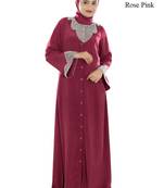 MyBatua Rose Pink Polyester Islamic Wear For Women Arabian Style Muslim Abaya With Hijab