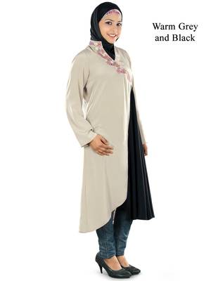 MyBatua Warm Grey And Black Crepe Islamic Wear For Women Arabian Style Muslim Abaya With Hijab 1