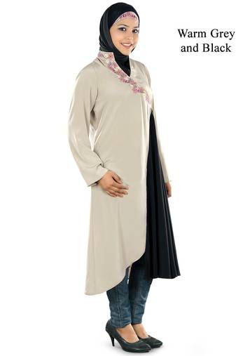 MyBatua Warm Grey And Black Crepe Islamic Wear For Women Arabian Style Muslim Abaya With Hijab