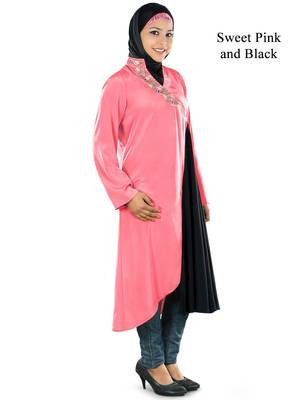 MyBatua Pink And Black Crepe Islamic Wear For Women Arabian Style Muslim Abaya With Hijab 1