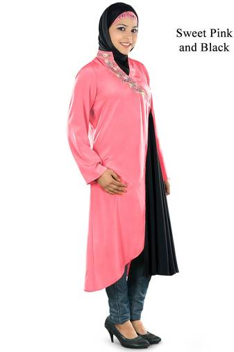 MyBatua Pink And Black Crepe Islamic Wear For Women Arabian Style Muslim Abaya With Hijab