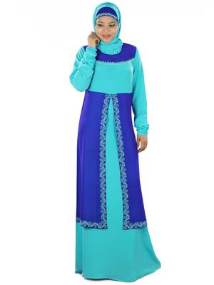 MyBatua Turquoise Poly Georgette Islamic Wear For Women Arabian Style Muslim Abaya With Hijab 1