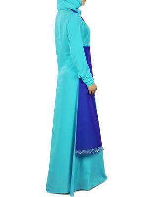 MyBatua Turquoise Poly Georgette Islamic Wear For Women Arabian Style Muslim Abaya With Hijab 4
