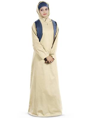 MyBatua Beige Poplin Islamic Wear For Women Arabian Style Muslim Abaya With Hijab 1