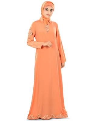 MyBatua Orange Poly Crepe Islamic Wear For Women Arabian Style Muslim Abaya With Hijab 1