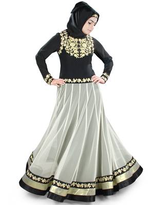 MyBatua Black And White Polyester Islamic Wear For Women Arabian Style Muslim Abaya With Hijab 1
