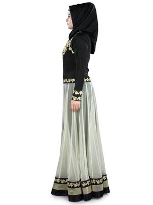 MyBatua Black And White Polyester Islamic Wear For Women Arabian Style Muslim Abaya With Hijab 4