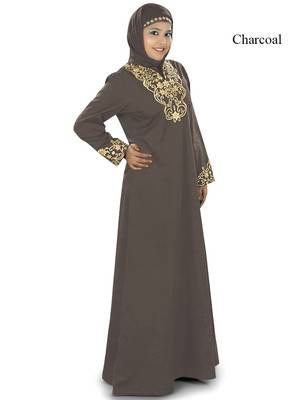MyBatua Charcoal Cotton Islamic Wear For Women Arabian Style Muslim Abaya With Hijab 1