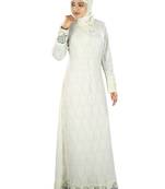 MyBatua Off White Polyester Islamic Wear For Women Arabian Style Muslim Abaya With Hijab