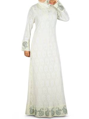 MyBatua Off White Polyester Islamic Wear For Women Arabian Style Muslim Abaya With Hijab 2