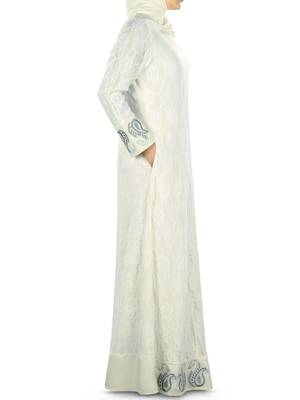 MyBatua Off White Polyester Islamic Wear For Women Arabian Style Muslim Abaya With Hijab 3