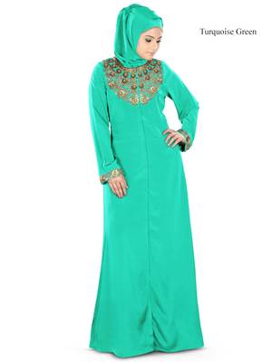 MyBatua Turquoise Crepe Islamic Wear For Women Arabian Style Muslim Abaya With Hijab 1