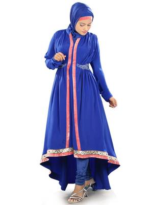 MyBatua Royal Blue Poly Crepe Islamic Wear For Women Arabian Style Muslim Abaya With Hijab 1